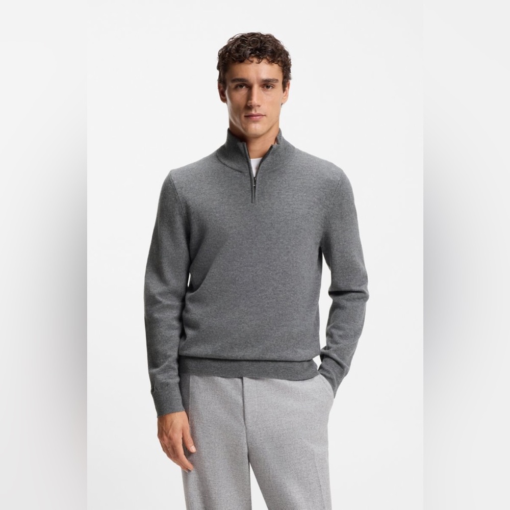 HUGO BOSS $199 Wool Cashmere Men Sweater with Zip Neck Grey Size L